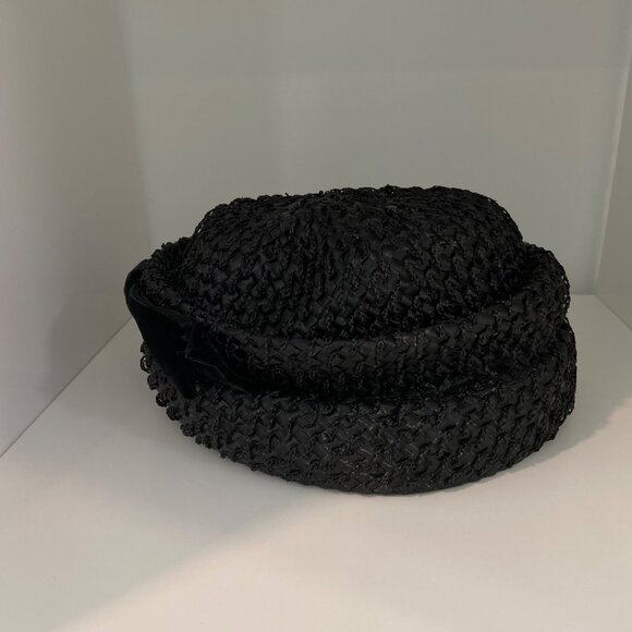 Vintage Piko Montreal New York Black Woven Straw Hat With Velvet Bow Accent Wome - Picture 9 of 14